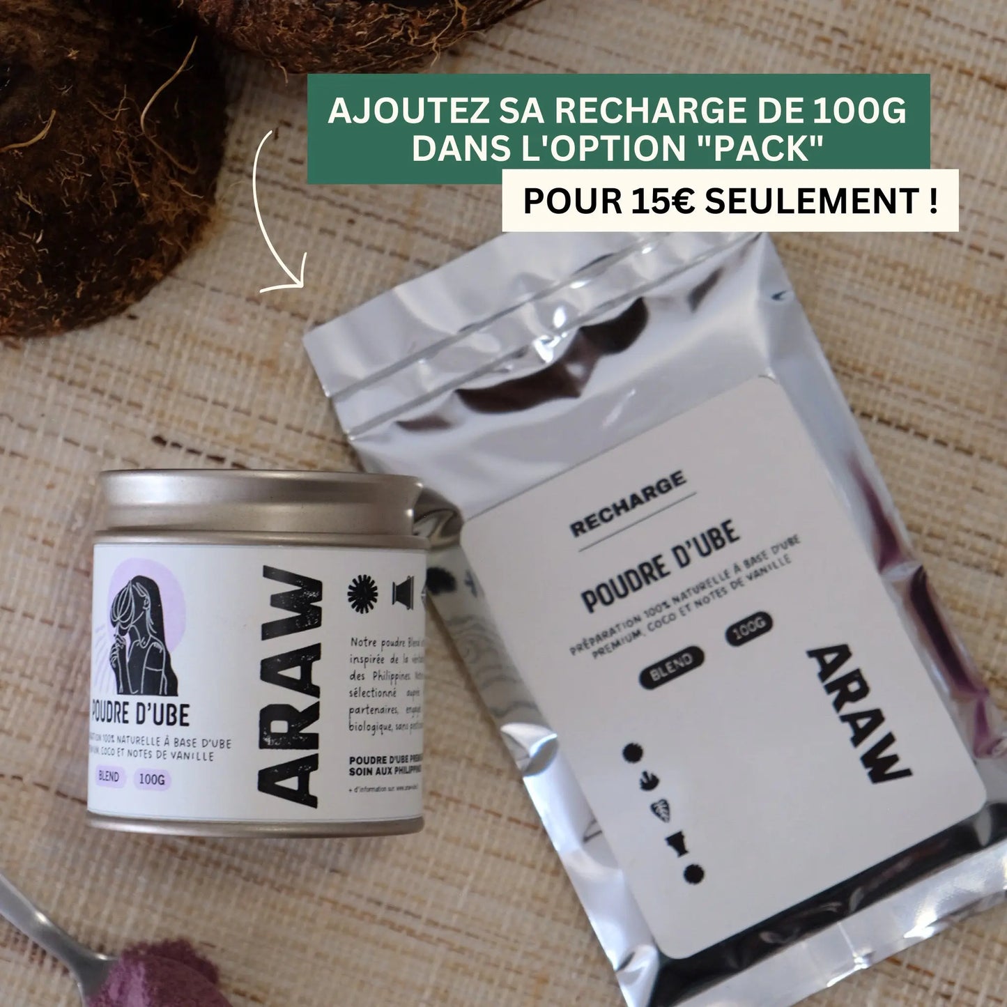 Poudre d’ube violette Araw La Blend en boîte métal 100g, avec recharge 100g, goût naturel de coco et vanille