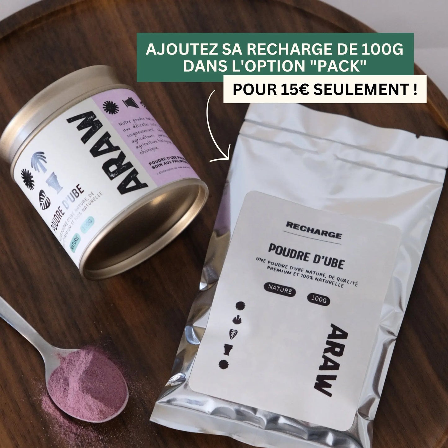 Poudre d’ube violette Araw La nature en boîte métal 100g, avec une recharge. notes naturels de vanille