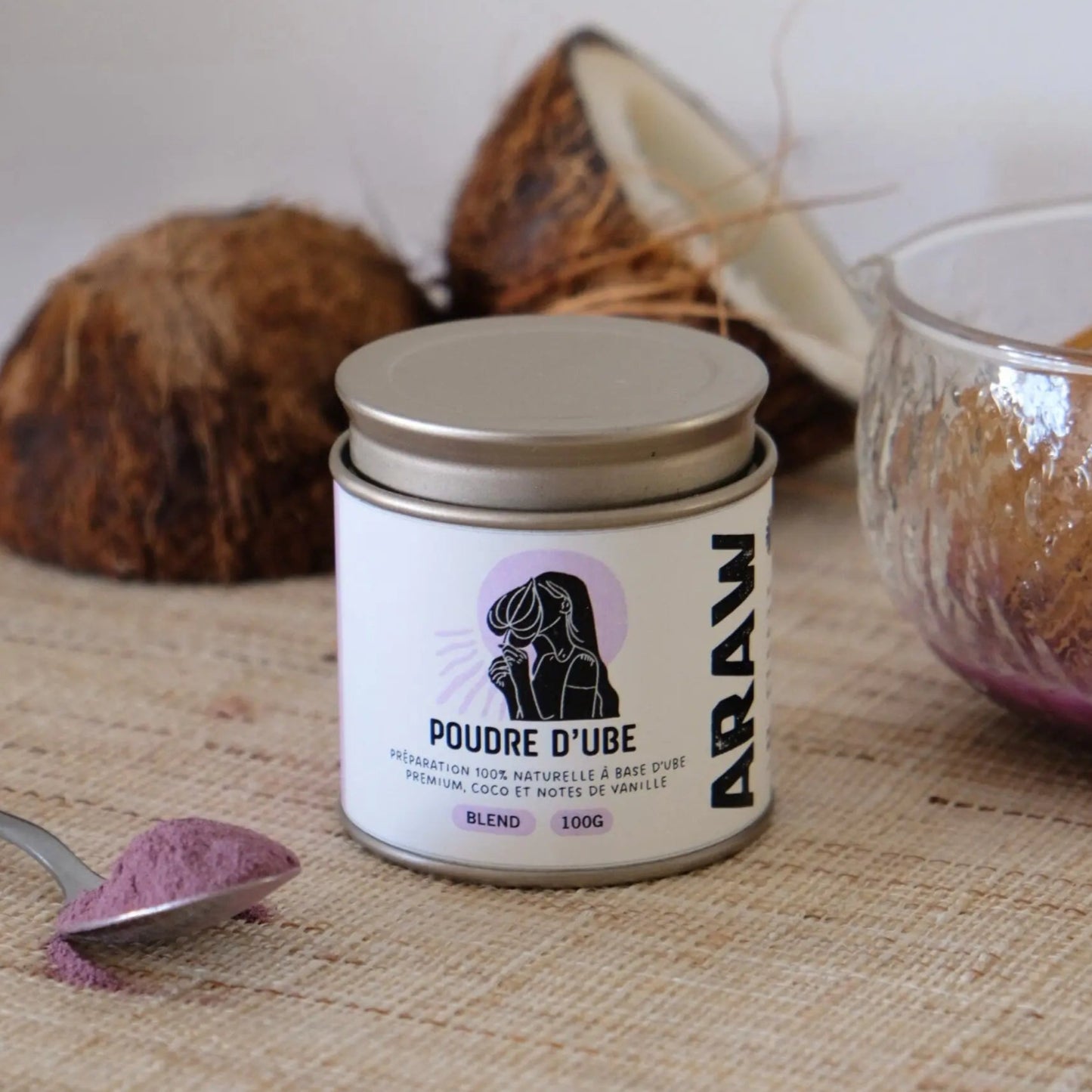 Poudre d’ube violette Araw La Blend en boîte métal 100g, notes naturels de coco et vanille