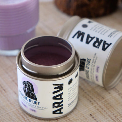 Poudre d’ube violette Araw La Blend en boîte métal 100g, notes naturels de coco et vanille