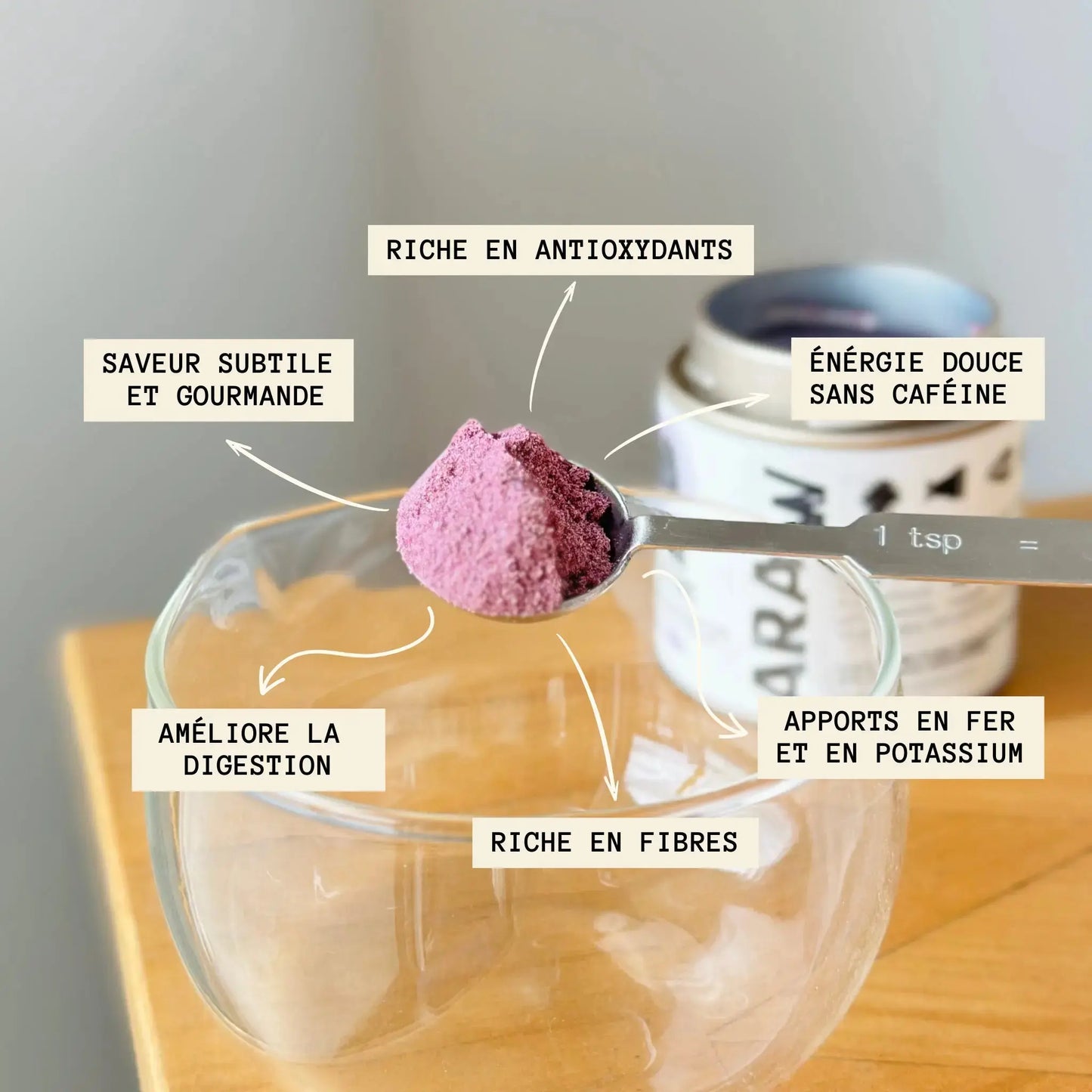 bienfaits Poudre d’ube Araw, source naturelle de fibres, antioxydants, fibres, gourmande et énergie sans caféine