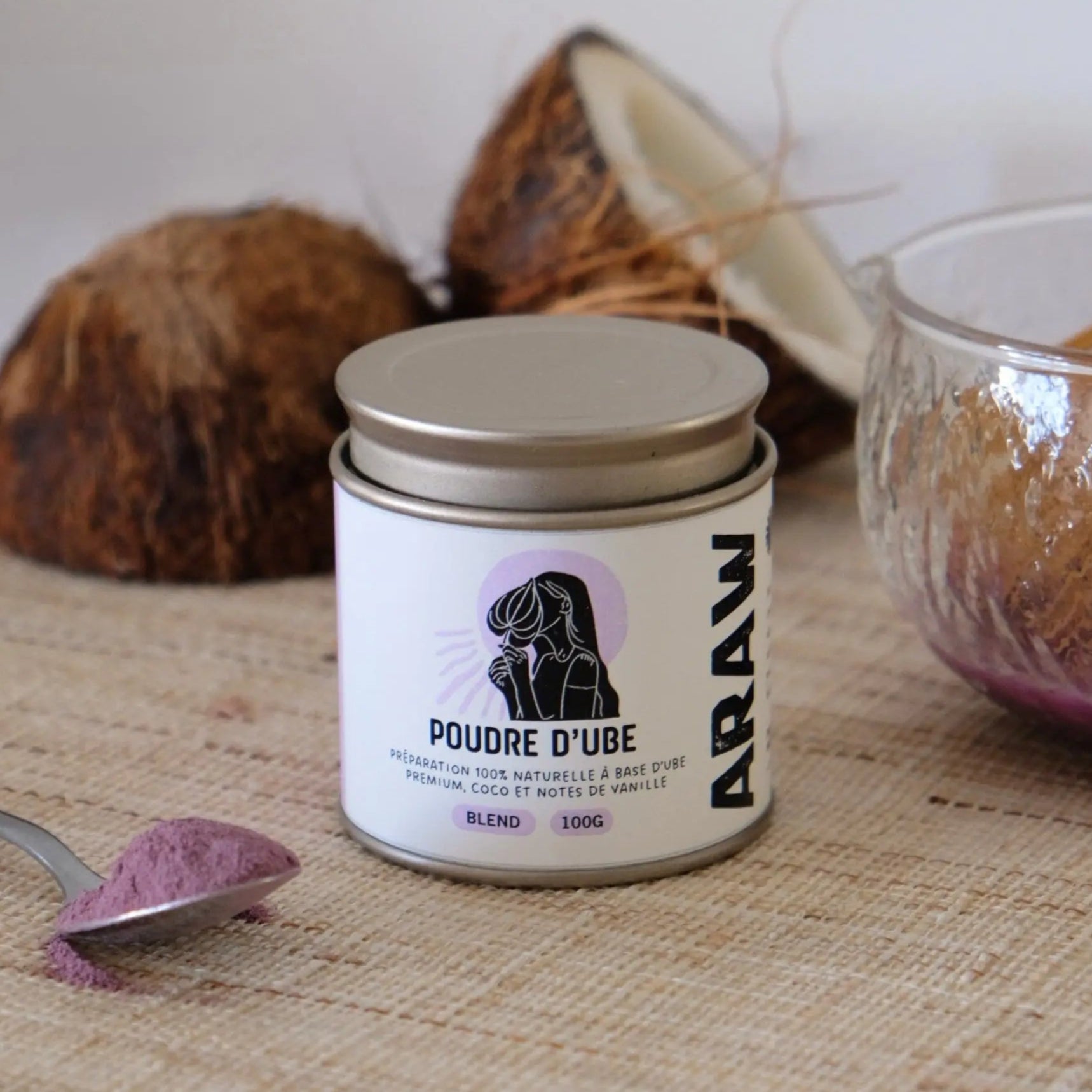 Poudre d’ube violette Araw La Blend en boîte métal 100g, notes naturels de coco et vanille